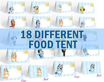 18 Different Blue Dog Birthday Party Place Card, Party Decor Food Label, Blue Party Supplies Favor Food Center Card