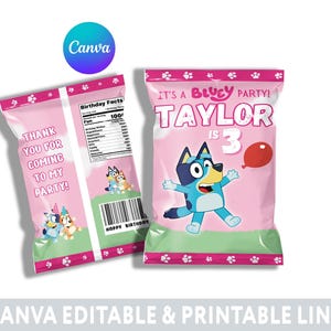 Editable Kids Birthday Party Chip Bag Label Template, Girl Party Decor Wrapper, Party Supplies and Favor, PRINTABLE TEMPLATE_002