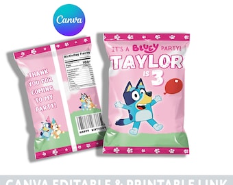 Editable Blue Birthday Party Chip Bag Label, Printable Template (Canva)