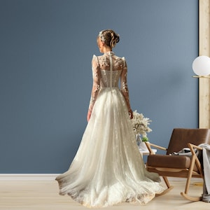 Kundenspezifische Perlen-Applikations-Abend-Kleid - lange Ärmel bodenlanges Abendkleid