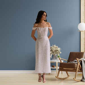 Customized Sleeveless Beaded Wedding Dress – Shiny Column Gown with Square Neck, Side Split, and Ankle-Length Robe de Mariée