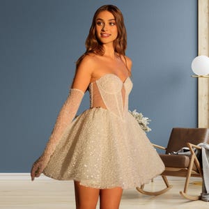 Customized White Beaded Strapless A-Line Ball Gown with Gloves – Serene Hill Prom & After Party Dress