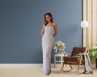 White Pearl Mermaid Wedding Dress - Off Shoulder Lace-Up Train Gown