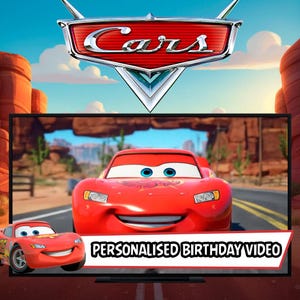 Puede incluir: Imagen promocional para un vídeo de cumpleaños personalizado con el personaje animado Rayo McQueen de la película Cars. La imagen incluye el logotipo de Cars y el texto "PERSONALISED BIRTHDAY VIDEO".