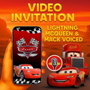 Puede incluir: Una invitación de video digital con Rayo McQueen y Mack de la película Cars. La invitación se muestra en un teléfono inteligente, con un diseño de bandera a cuadros rojo y negro. El texto dice "VIDEO INVITATION" y "LIGHTNING MCQUEEN & MACK VOICED."
