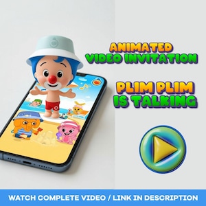 Puede incluir: Un smartphone muestra una escena de playa de dibujos animados con personajes animados, incluido un personaje de payaso. El texto "ANIMATED VIDEO INVITATION" y "PLIM PLIM IS TALKING" son visibles. También hay un gráfico de botón de reproducción. La parte inferior de la imagen dice "WATCH COMPLETE VIDEO / LINK IN DESCRIPTION."