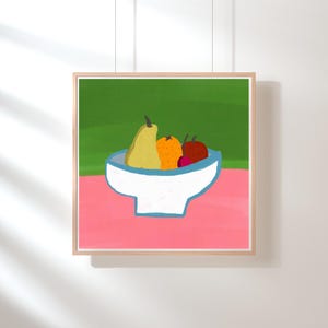 May include: A still life painting of a white bowl with a blue rim filled with fruit. The bowl contains a yellow pear, an orange, and two red fruits. The background is divided into a green upper section and a pink lower section.