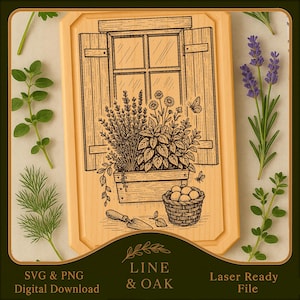 Op de afbeelding: Een lichtgekleurde houten snijplank met een lasergeëtst ontwerp van een raam met luiken, een plantenbak gevuld met kruiden en een mand met eieren. De tekst "LINE & OAK" en "Laser Ready File" zijn ook zichtbaar.