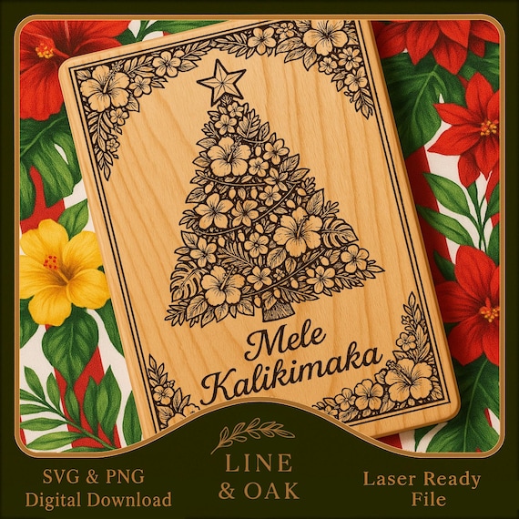 Mele Kalikimaka SVG PNG Bundle | Tropical Christmas Tree with Island Flowers & Palm Border