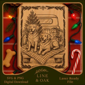 Puede incluir: Placa de madera con un diseño grabado con láser de dos perros Labrador Retriever en la parte trasera de una camioneta con un árbol de Navidad y regalos. Incluye el texto "LINE & OAK" y "Laser Ready File".