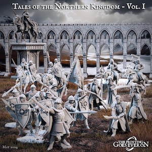 May include: A collection of miniature figurines depicting a medieval battle scene. The figures are in various poses, some on horseback, and are armed with swords, shields, and spears. The backdrop includes a stone structure and a cloudy sky. Text on the image reads "TALES OF THE NORTHERN KINGDOM - Vol. I" and "MAY 2024".