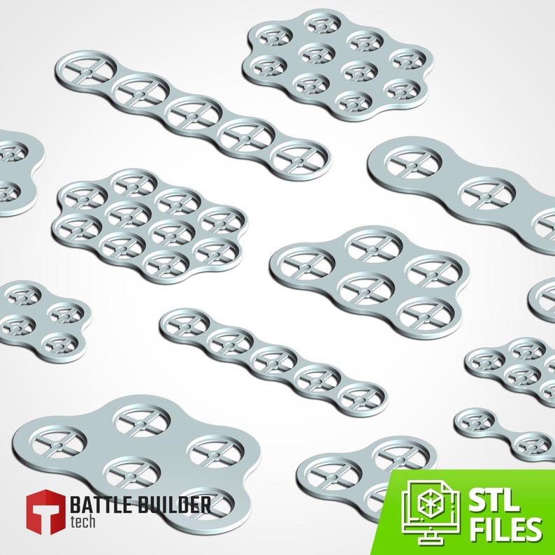 Puede incluir: Una colecci&oacute;n de componentes grises claros, renderizados en 3D, con aberturas circulares y un dise&ntilde;o similar a una rueda. Los componentes var&iacute;an en tama&ntilde;o y forma, algunos con m&uacute;ltiples aberturas. El texto "BATTLE BUILDER tech" y "STL FILES" est&aacute; incluido.