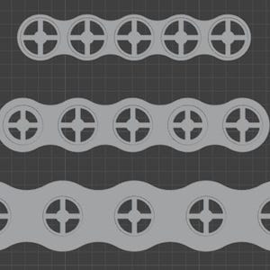 Puede incluir: Tres eslabones de cadena grises estilizados de diferentes tama&ntilde;os, cada uno con cinco elementos circulares con un dise&ntilde;o de cruz. Los eslabones est&aacute;n dispuestos verticalmente sobre un fondo de cuadr&iacute;cula gris oscuro.