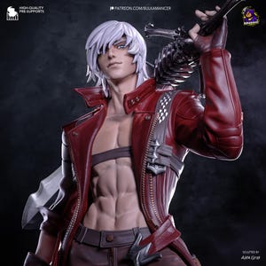 May include: A detailed figurine of a character with white hair, blue eyes, and a red jacket. The figure is holding a large sword and has a muscular physique. The jacket has silver accents and zippers. The figure is a high-quality pre-support model.