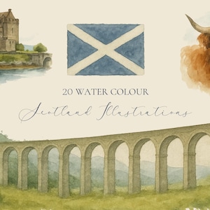 20 Scotland Watercolour Illustrations – Printable Scottish Landmarks & Landscape Art, Digital Travel Wall Decor