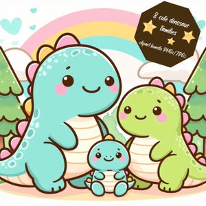 Graziosa clipart kawaii raffigurante una famiglia di dinosauri con mamma, papà e cuccioli sorridenti in colori pastello, perfetta per i lavoretti dei bambini e per le decorazioni delle feste.