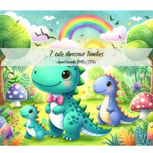 schattige dinosaurussen, schattige dinosaurussenfamilie in een prachtig bos, aquarel clipart, bundel schattige bestanden,