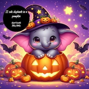 May include: A cartoon elephant in a witch's hat sits inside a carved pumpkin, surrounded by other pumpkins, bats, and stars. The image has a Halloween theme. Text on the image reads "12 cute elephants in a pumpkin clipart bundle JPGs/PNGs."