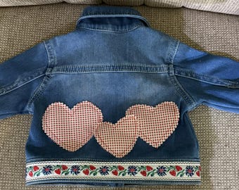 Repurposed 0-3 month infant denim jacket with vintage ribbon and heart appliques