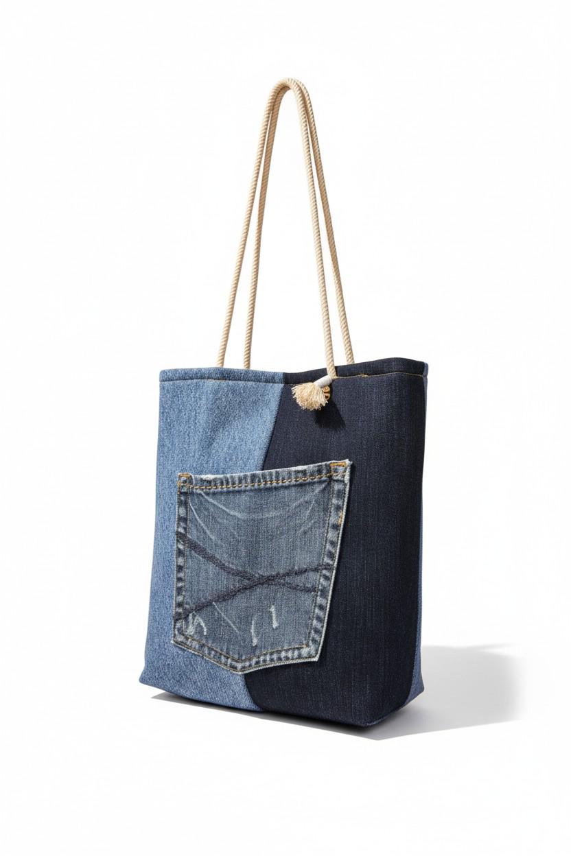 Upcycled Denim Tote Bag Featuring Rope Handle Two Tone Light and