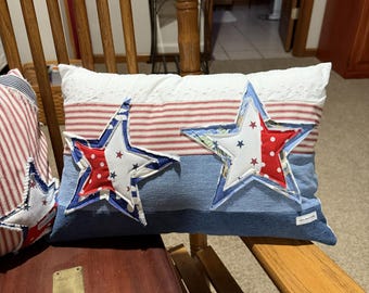 Repurposed Denim Red White and Blue 12x18 Decorative Pillow