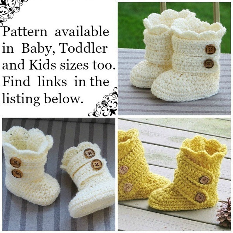 May include: Handmade crochet baby boots in cream and yellow. Each boot features a scalloped top and is adorned with two wooden buttons. The text in the image says "Pattern available in Baby, Toddler and Kids sizes too."