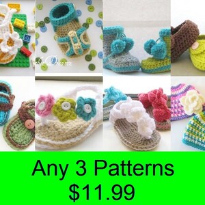 May include: A collage of ten crochet patterns for baby shoes and hats. The patterns include sandals, booties, and beanies in various colors, including blue, green, pink, and white. The text "Any 3 Patterns $11.99" is displayed at the bottom of the image.