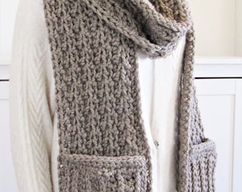 Crochet Pocket Scarf Pattern, Chunky Pocket Scarf, Driftwood Scarf