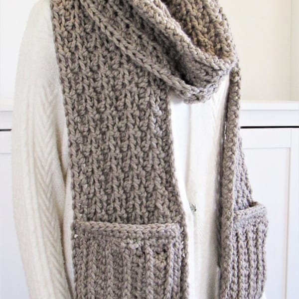 Crochet Pocket Scarf Pattern, Chunky Pocket Scarf, Driftwood Scarf