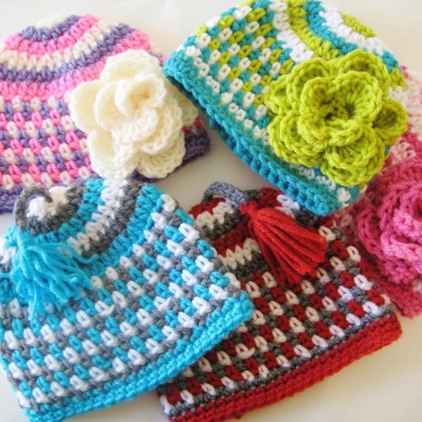 Crochet Hat Pattern with Flower,  Crochet Baby Hat Pattern, Crochet beanie Pattern, Fruit Loop Beanie for Boys and Girls, Many sizes