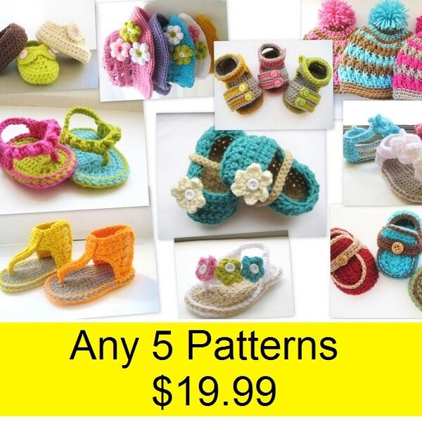 Sale , Crochet Pattern Booties , Last Day,  Any 5 Patterns for 19.99