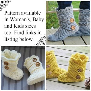 May include: Three pairs of crocheted slipper boots in different colors: gray, white, and yellow. Each pair has a scalloped top and two wooden buttons.