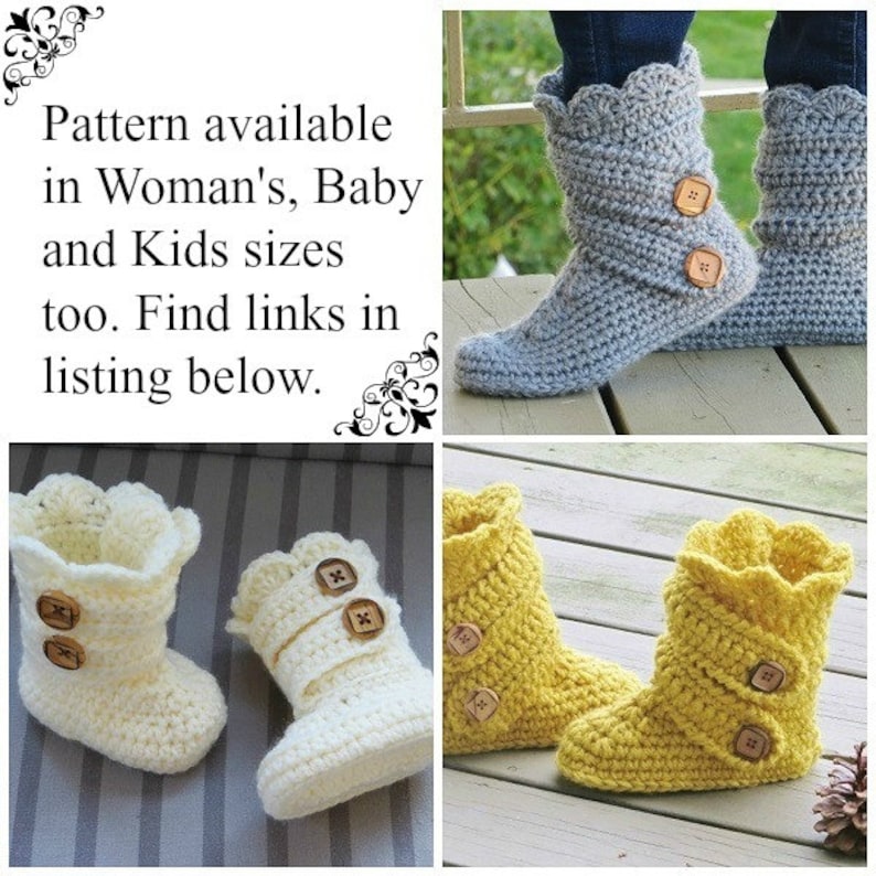 May include: Three pairs of crocheted slipper boots in different colors: gray, white, and yellow. Each pair has a scalloped top and two wooden buttons.
