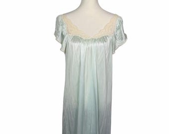 Vintage Miss Elaine Nightgown Union Made USA Mint Green Satin Lace Cottagecore