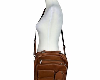 Bolso bandolera PIEL de piel auténtica color coñac con múltiples bolsillos y organizador.
