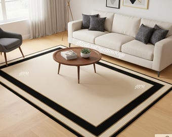 Hand-Tufted Wool & Silk Border Rug | Black and Beige Modern Home Decor