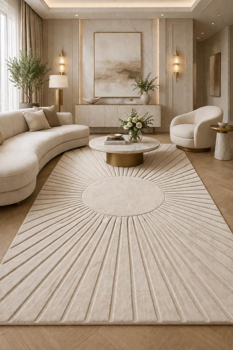May include: A beige area rug with a sunburst design in a modern living room. The rug's pattern radiates from a central circle. The room features a curved sofa, round coffee table, and neutral color palette.