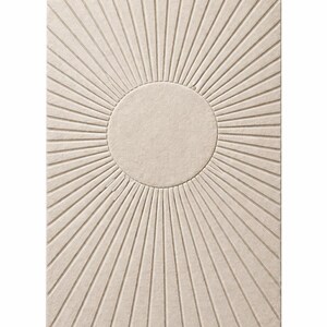 May include: Beige rectangular rug with a sunburst design. The rug features a central circular element with radiating lines, creating a textured, three-dimensional effect. The neutral color palette makes it suitable for various interior styles.