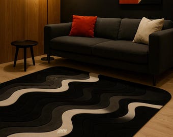 Modern Black White Area Rug – Contemporary Wavy Carpet, Minimalist Abstract Hand Tufted Plush Living Room Floor Decor