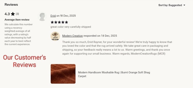 May include: A customer review page with a 4.3-star rating and a review from Enid. The review mentions the color and shipping. The page also includes a response from Modern Creation. The text "Our Customer's Reviews" is visible.