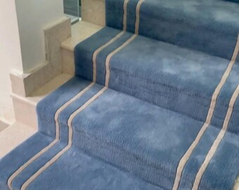 Modern Blue Stair Runner Rug, Luxury Tufted Wool Carpet for Stairs, Hallway Runner, Non Slip Staircase Rug, Minimalist Home Decor