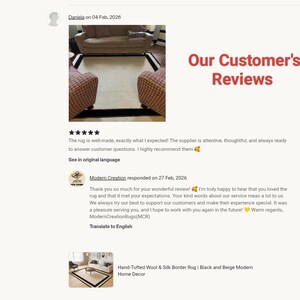 May include: Image of a customer review section with the title "Our Customer's Reviews" in red. The review includes a five-star rating and a positive comment about a rug. A response from the seller is also included.