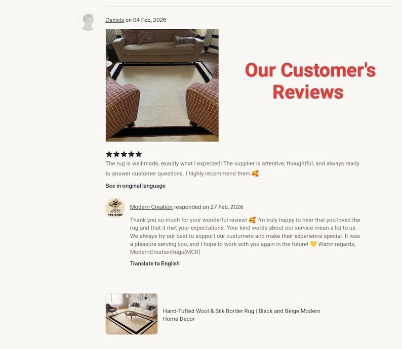 May include: Image of a customer review section with the title "Our Customer's Reviews" in red. The review includes a five-star rating and a positive comment about a rug. A response from the seller is also included.