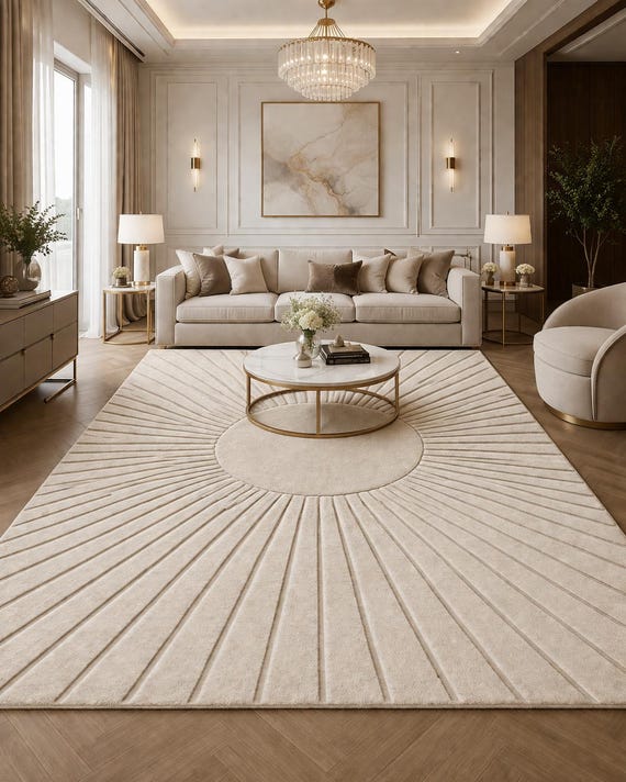 Modern Minimalist Sunburst Rug, Large Area Rug for Living Room, Handmade Tufted Wool Carpet, Neutral Beige Luxury Bedroom Decor Rug