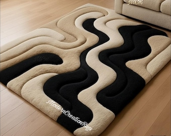 Modern 3D Wavy Rug in Black & Beige – Abstract Textured Area Carpet, Soft Handmade Contemporary Floor Decor for Living Room and Bedroom