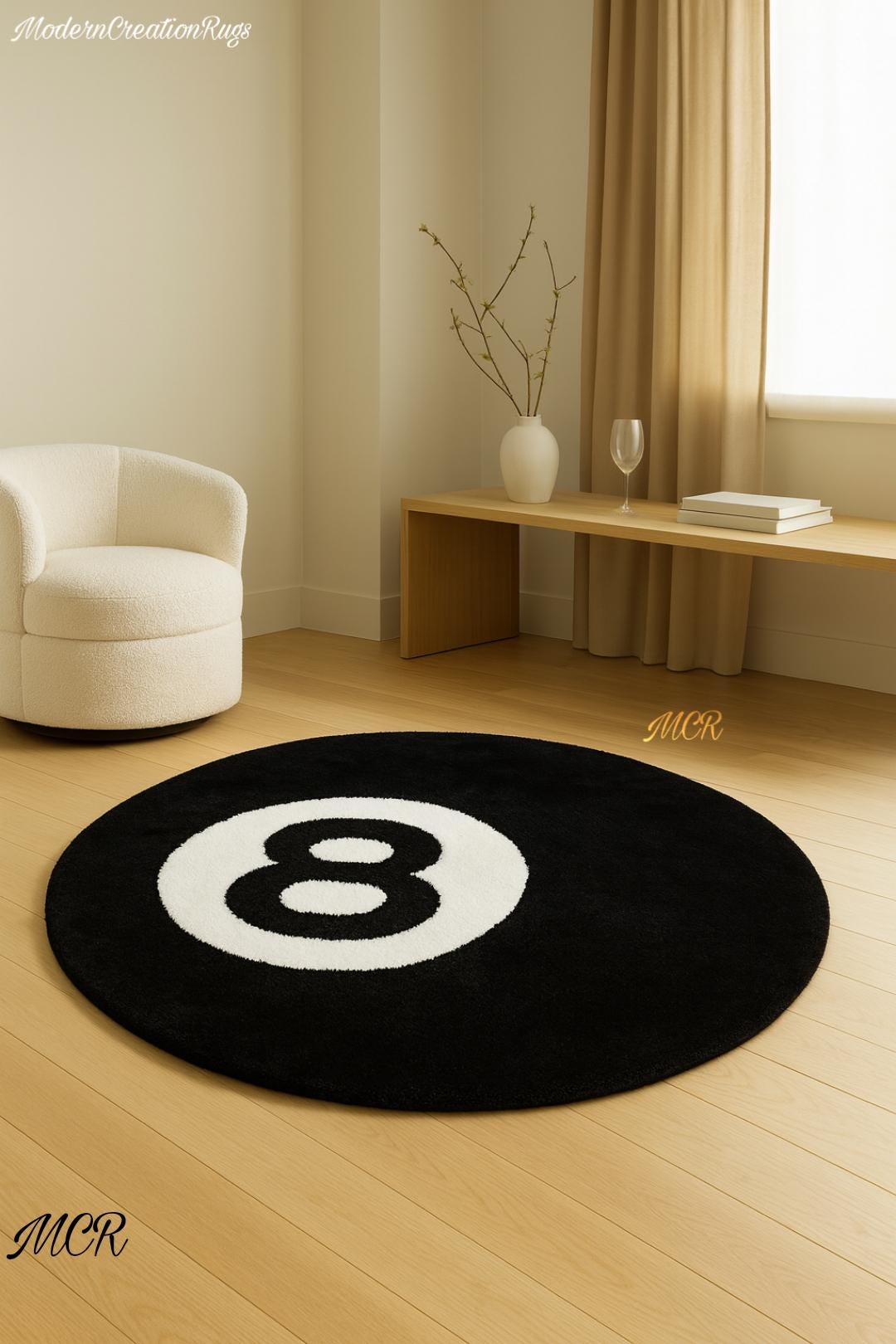 Number 8 Rug Modern 8 Ball Rug – Unique Black and White Circular Plush Carpet for ...