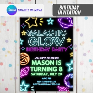 Glow in the Dark Space Birthday Invitation, Editable Canva Template