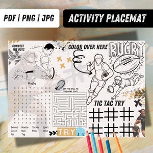 Rugby Activity Placemat | Kids All Blacks Party Printable | Coloring & Games Sheet, RugG2