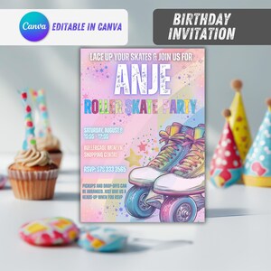 Roller Skate Birthday Invite | Girls Retro Glow Party | Editable Canva Template | Printable Skating Party
