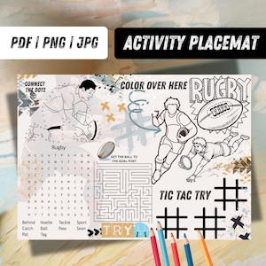 Rugby Activity Placemat | Kids Green & Gold Rugby Party Printable | Coloring and Games Sheet, RugG1